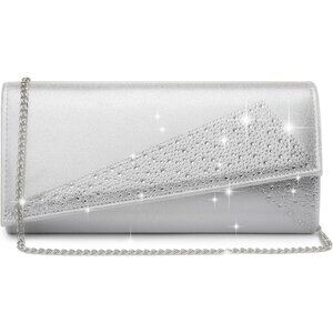 Women's Silver Satin Rhinestone Cocktail Evening Glitter Shiny Clutch Bag